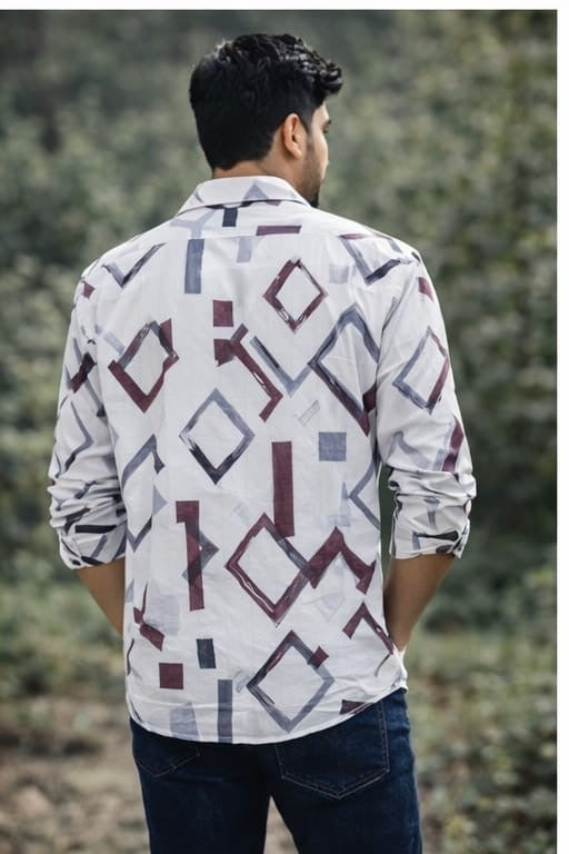 White Shirt with Maroon & Black Geometric Print