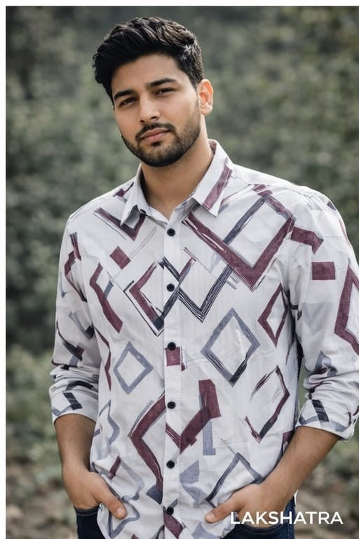 White Shirt with Maroon & Black Geometric Print