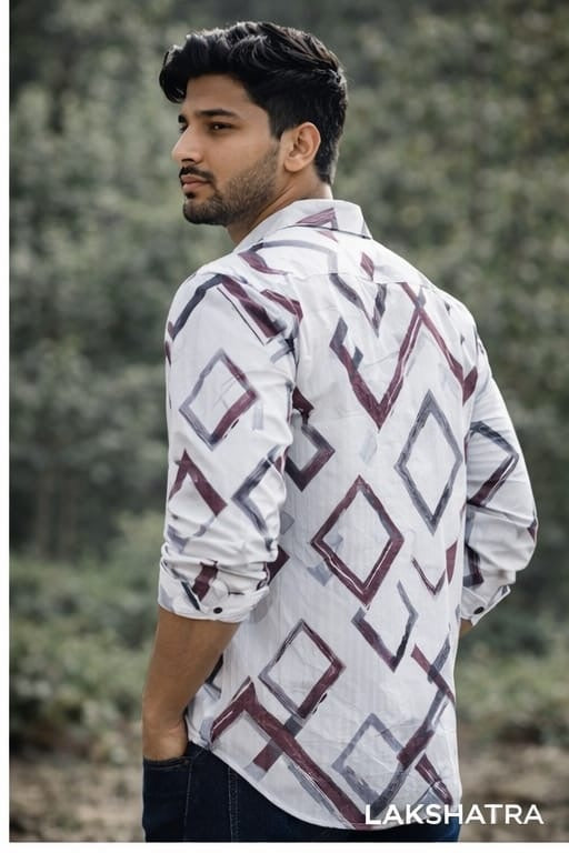 White Shirt with Maroon & Black Geometric Print