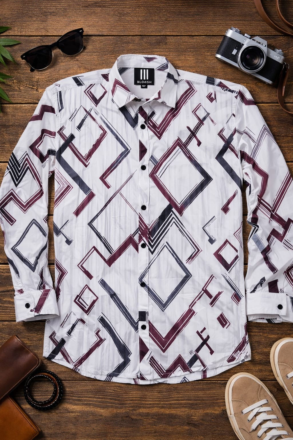 White Shirt with Maroon & Black Geometric Print