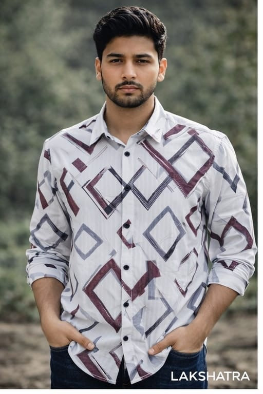 White Shirt with Maroon & Black Geometric Print