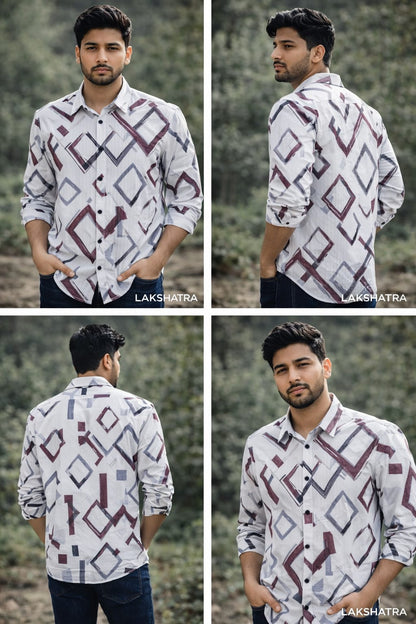 White Shirt with Maroon & Black Geometric Print