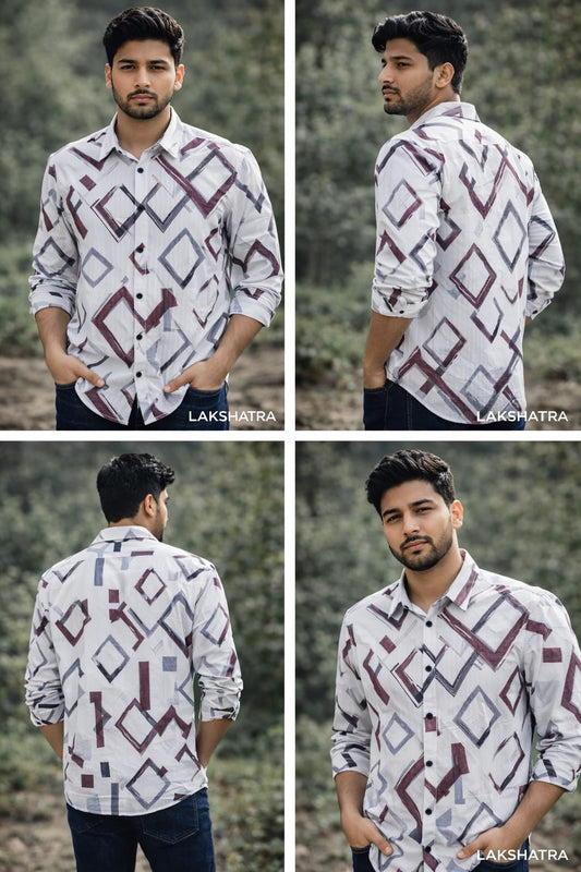 White Shirt with Maroon & Black Geometric Print