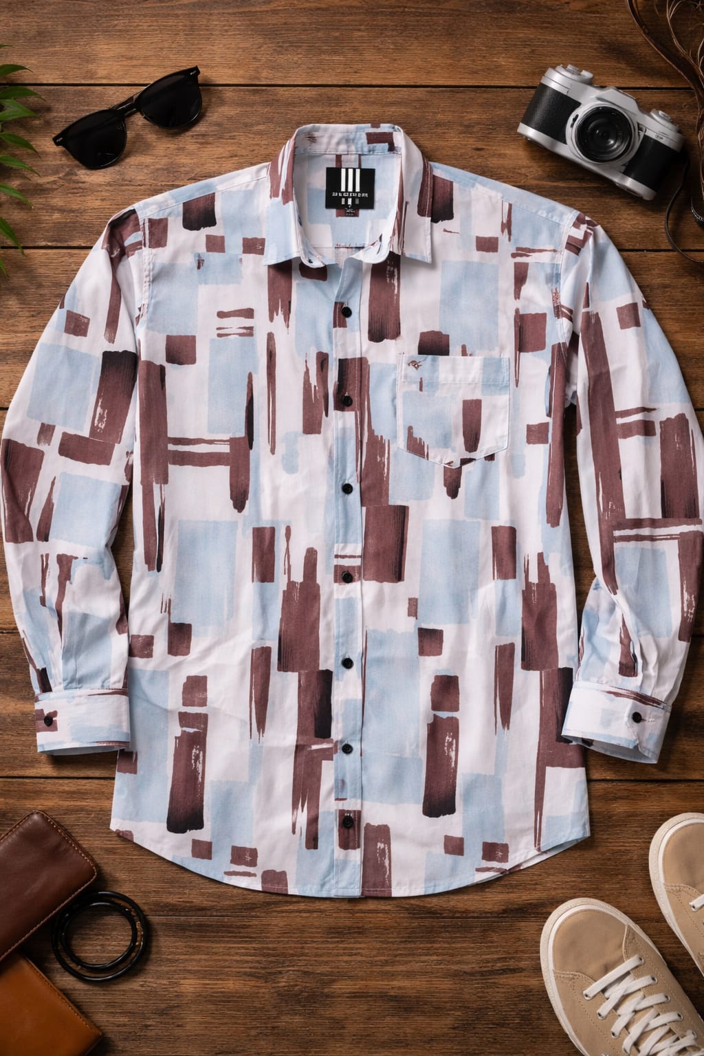 Brown & Sky Blue Abstract Block Shirt